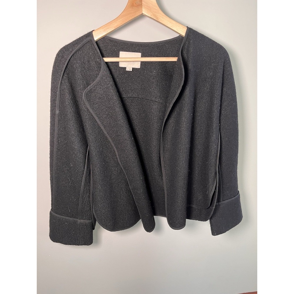 Loft Black Wool Blend Open Front Jacket Piped Trim Collarless Blazer Medium